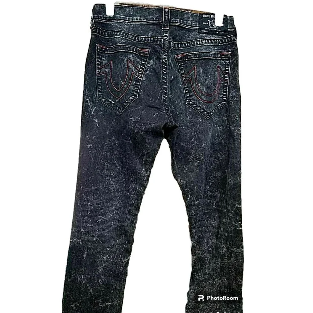 True Religion Jeans Size 33 Ricky Mineral Marble Black Relaxed Straight Leg